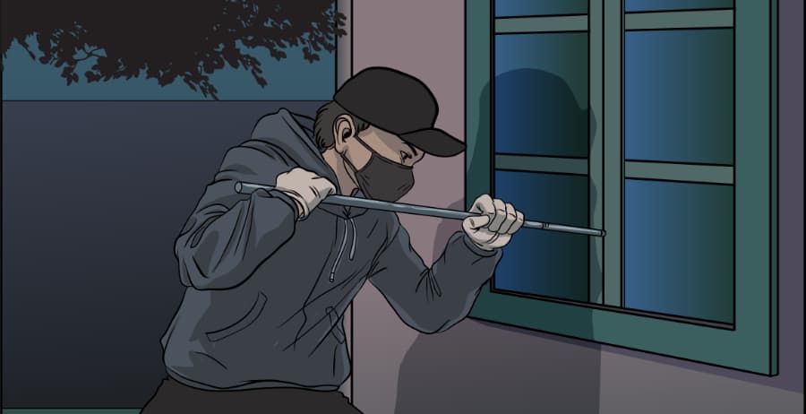 Illustration of burglar forcing entry through a window in Cleveland